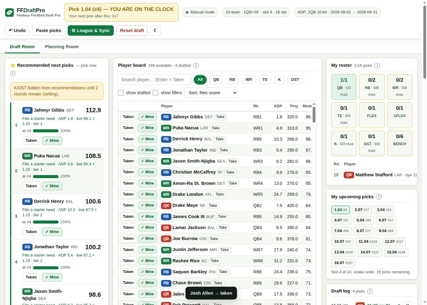 The full Draft Room window. The top bar shows the current pick, the league format and which ADP set is in use, with Undo, Paste picks, League and Sync and Reset draft buttons. Below it: recommended next picks with scores and survival bars, the player board with rank, ADP, projection and model columns, and on the right my roster by lineup slot, my upcoming picks and the draft log.